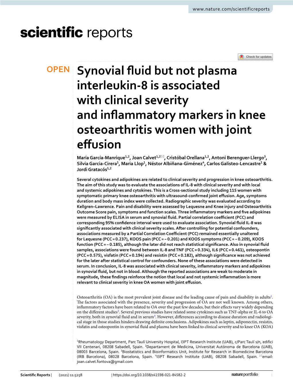 Synovial Fluid but Not Plasma Interleukin-8 Is Associated