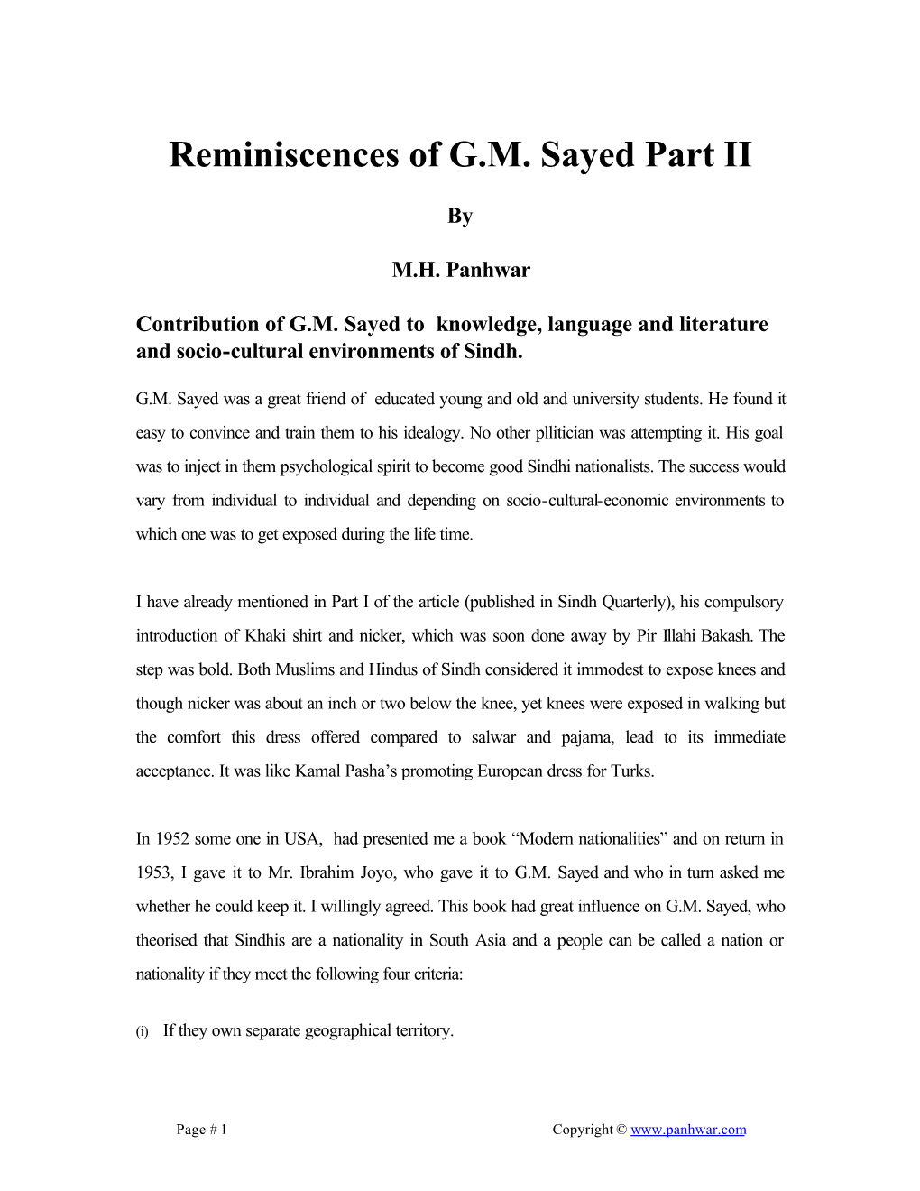 MY REMINISCENCES of G. M. SYED Part II