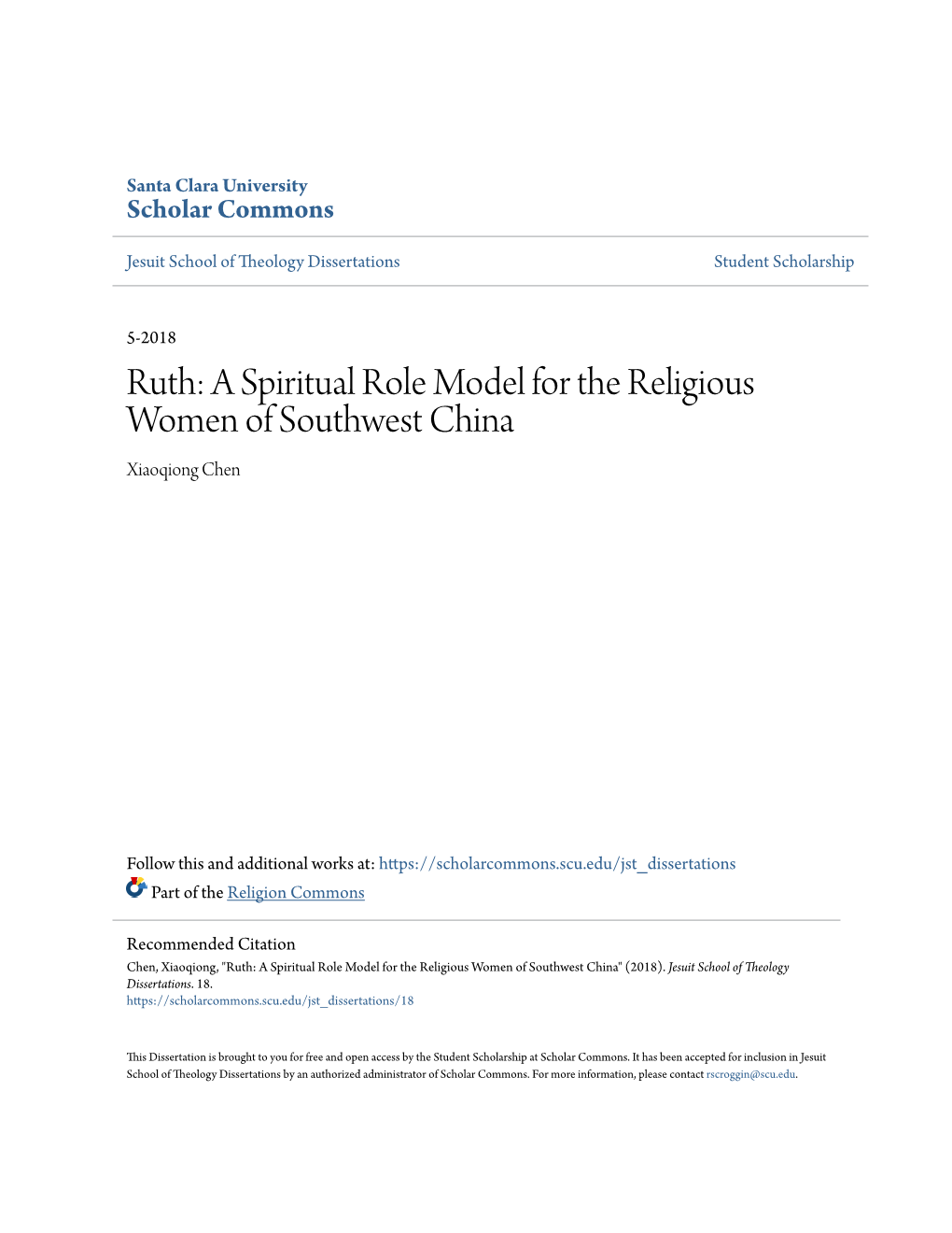 Ruth: a Spiritual Role Model for the Religious Women of Southwest China Xiaoqiong Chen