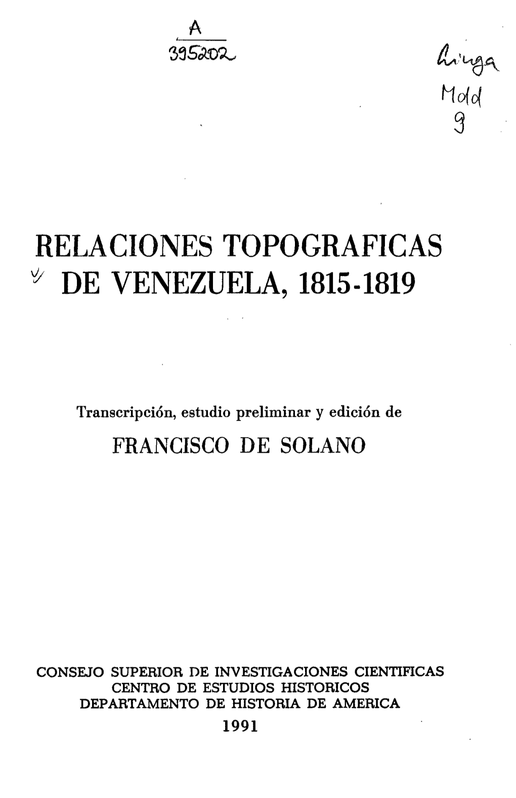 RELACIONES TOPOGRÁFICAS "Y DE VENEZUELA, 1815-1819