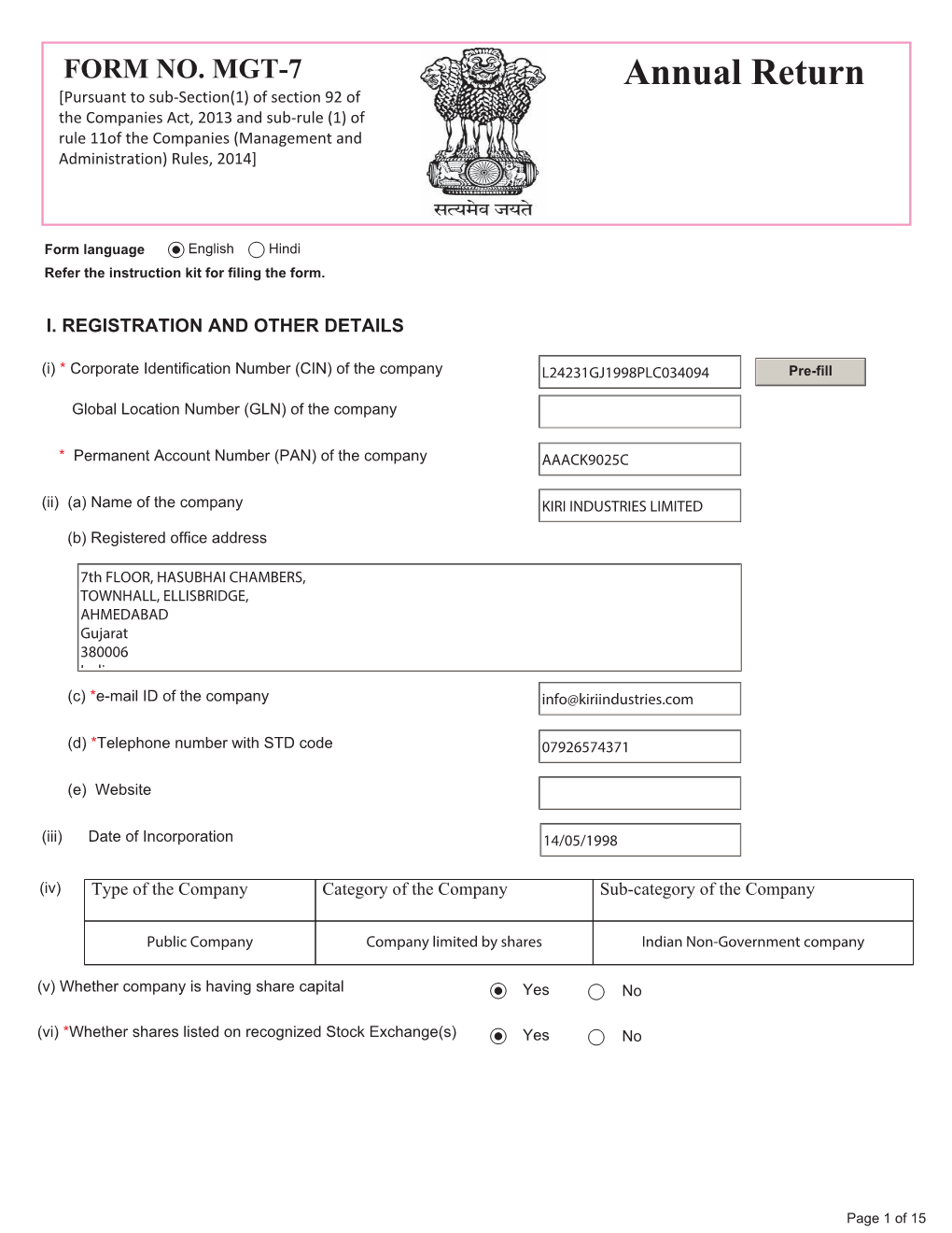 Annual Return [Pursuant to Sub-Section(1) of Section 92 of the Companies Act, 2013 and Sub-Rule (1) of Rule 11Of the Companies (Management And