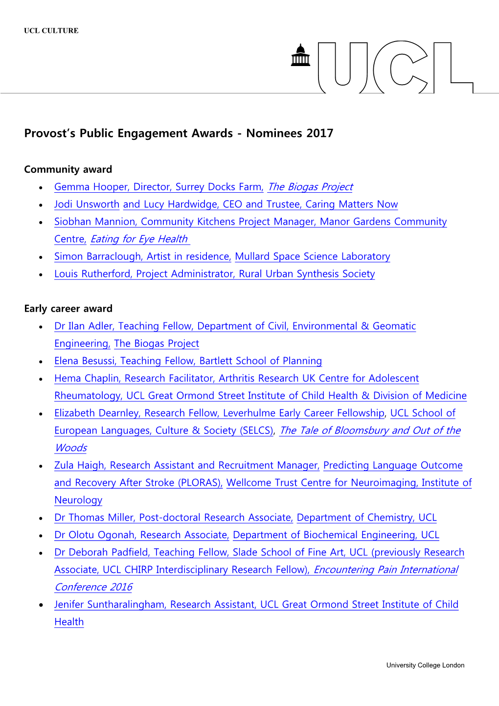 Provost's Public Engagement Awards