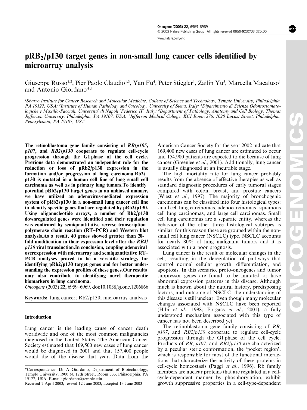 Prb 2/P130 Target Genes in Non-Small Lung Cancer Cells Identified By