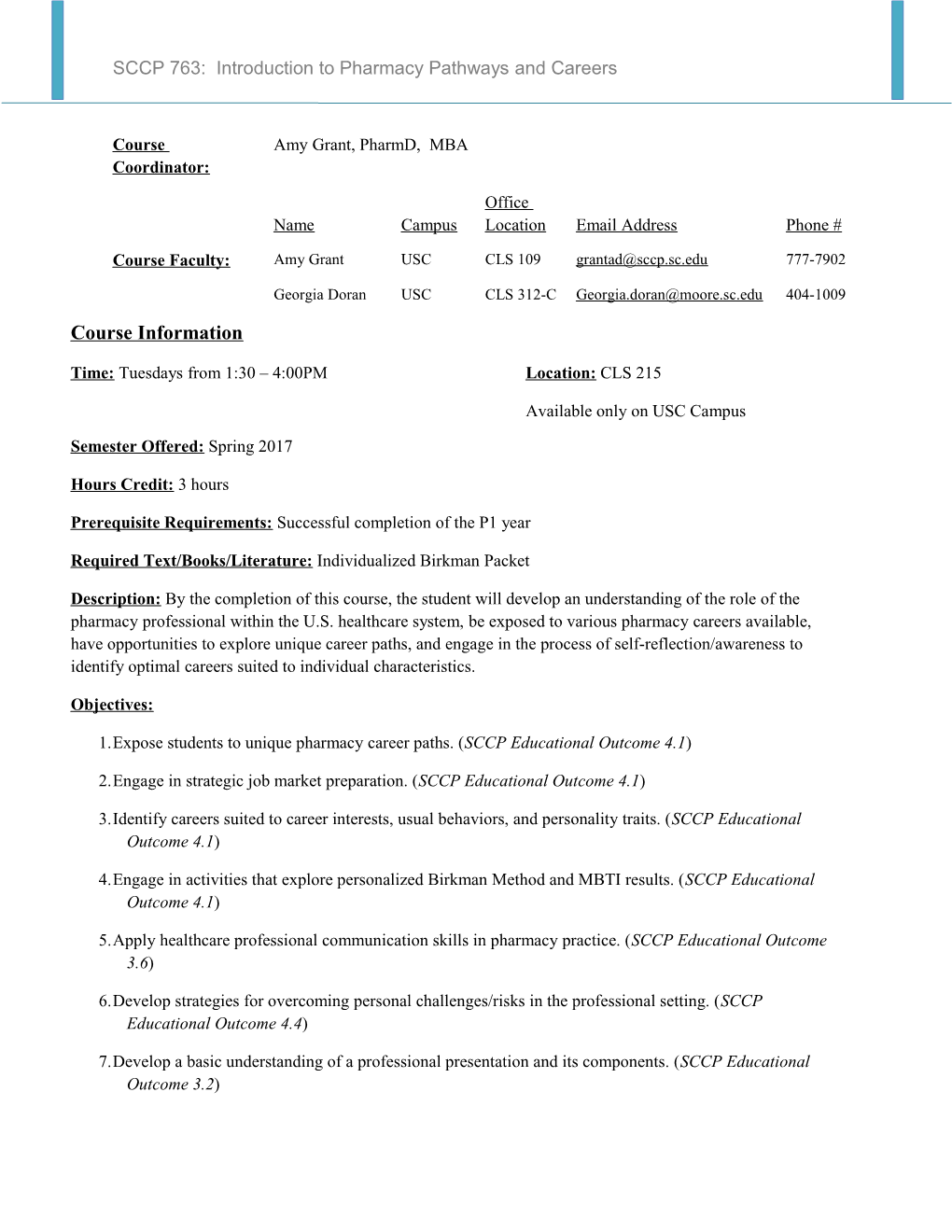 SCCP 763: Introduction to Pharmacy Pathways and Careers