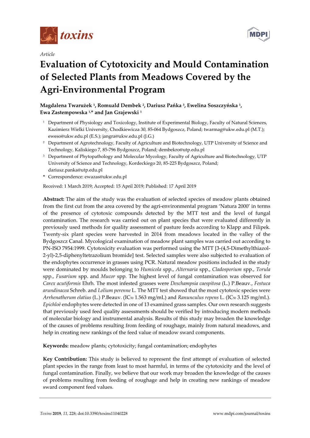 Evaluation of Cytotoxicity and Mould Contamination of Selected Plants from Meadows Covered by the Agri-Environmental Program