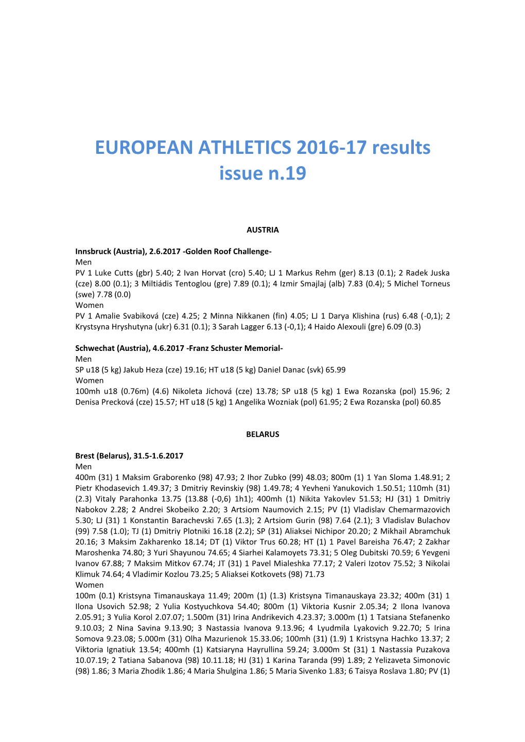EUROPEAN ATHLETICS 2016-17 Results Issue N.19