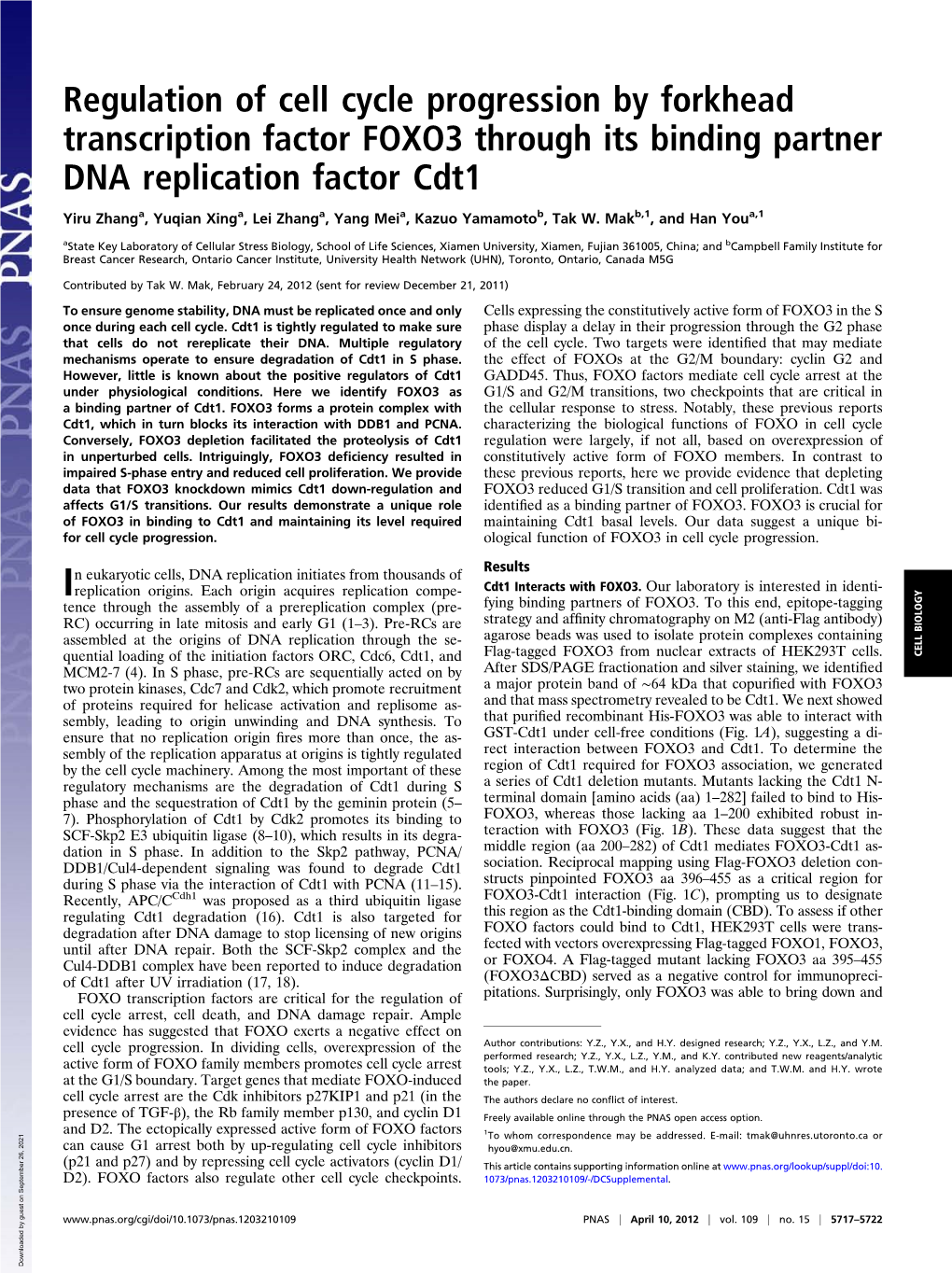 Regulation of Cell Cycle Progression by Forkhead Transcription Factor FOXO3 Through Its Binding Partner DNA Replication Factor Cdt1