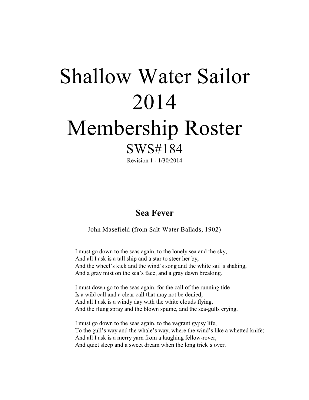 Shallow Water Sailor 2014 Membership Roster SWS#184 Revision 1 - 1/30/2014