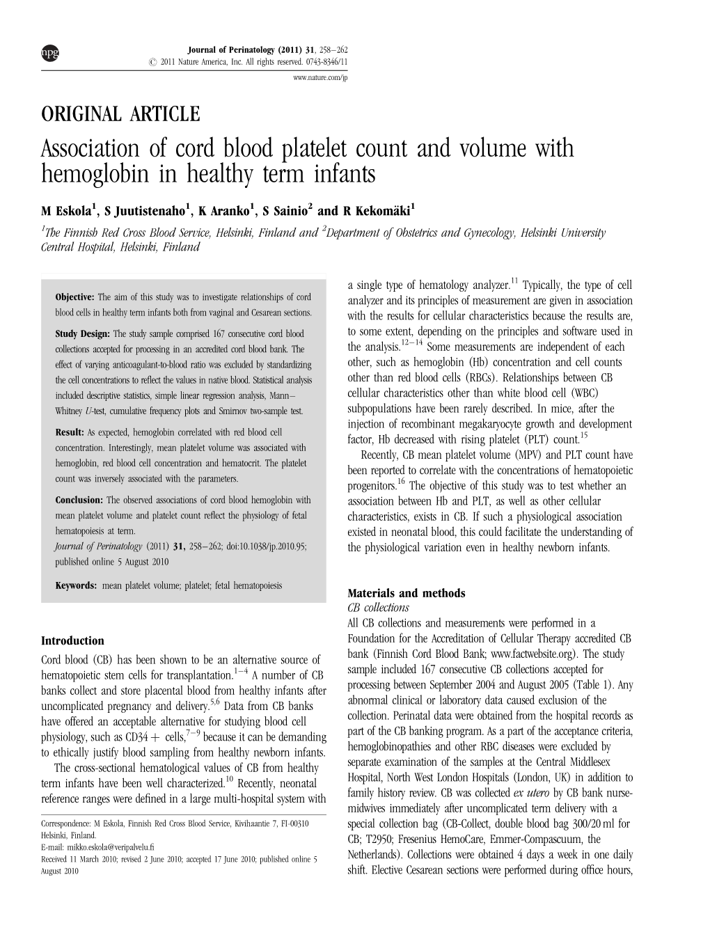 Association of Cord Blood Platelet Count and Volume with Hemoglobin in Healthy Term Infants
