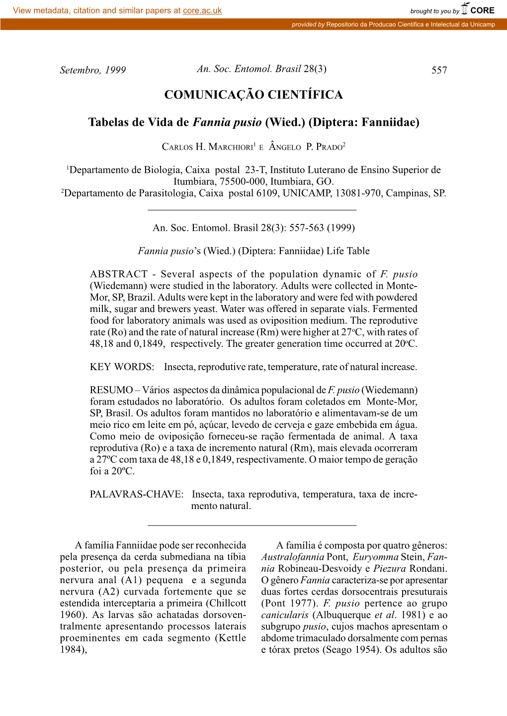 COMUNICAÇÃO CIENTÍFICA Tabelas De Vida De Fannia Pusio (Wied