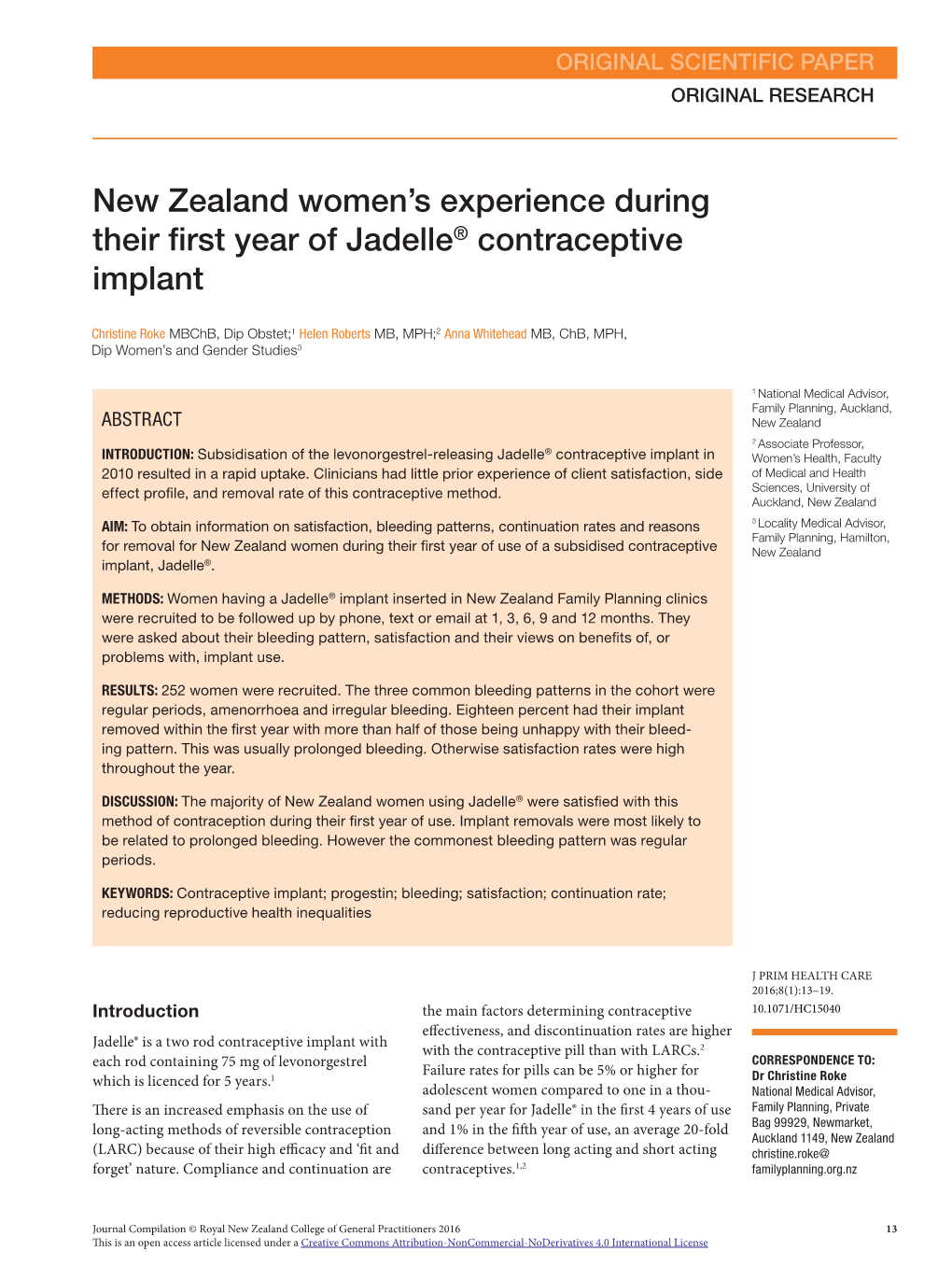 New Zealand Women's Experience During Their First Year of Jadelle