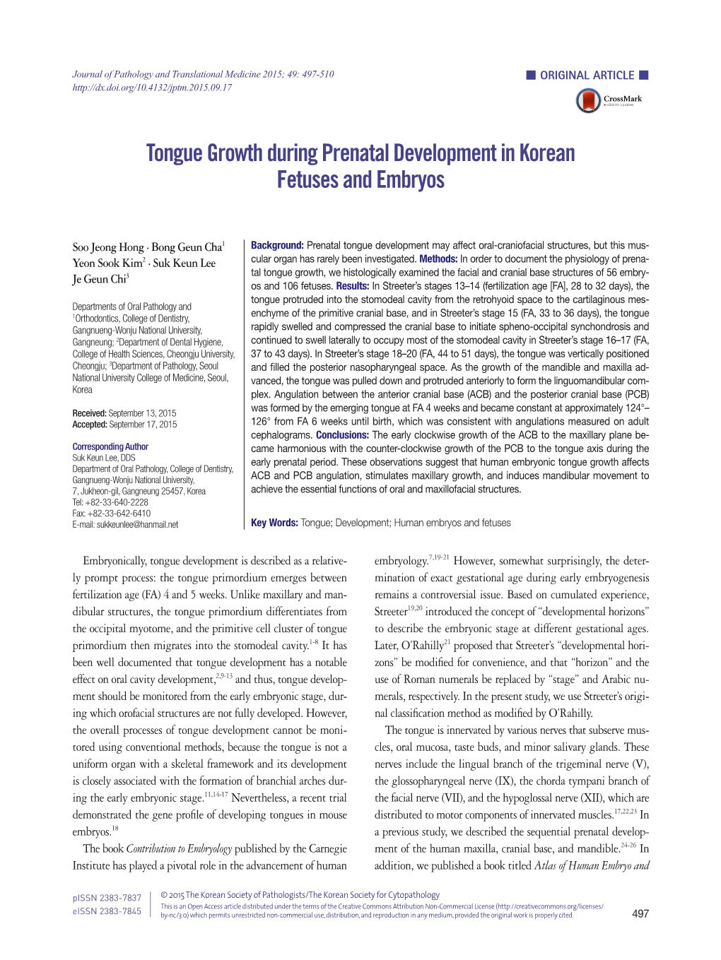 Tongue Growth During Prenatal Development in Korean Fetuses and Embryos