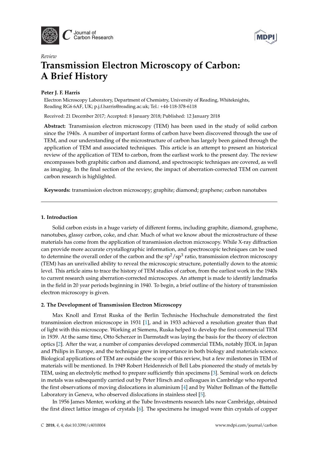 Transmission Electron Microscopy of Carbon: a Brief History