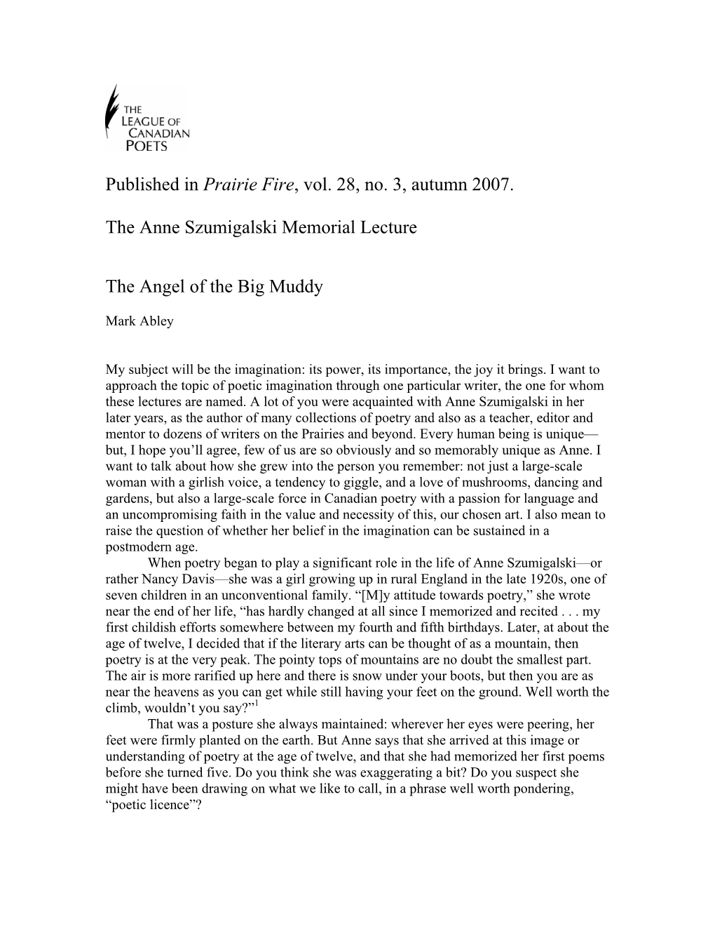 The Anne Szumigalski Memorial Lecture