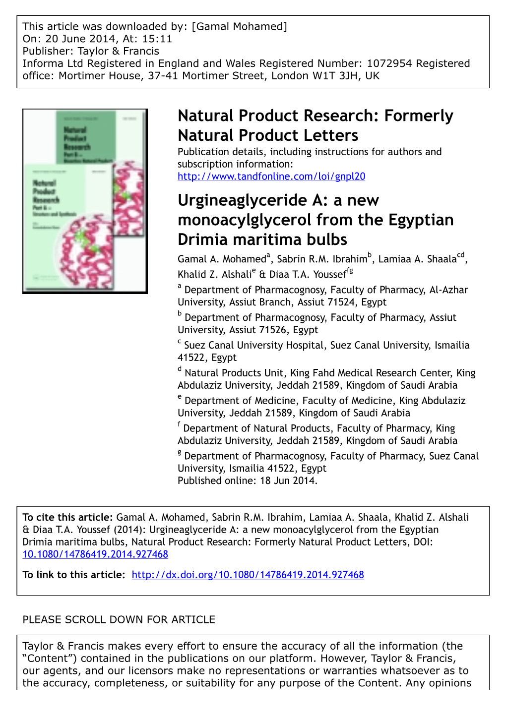 Urgineaglyceride A: a New Monoacylglycerol from the Egyptian Drimia Maritima Bulbs Gamal A