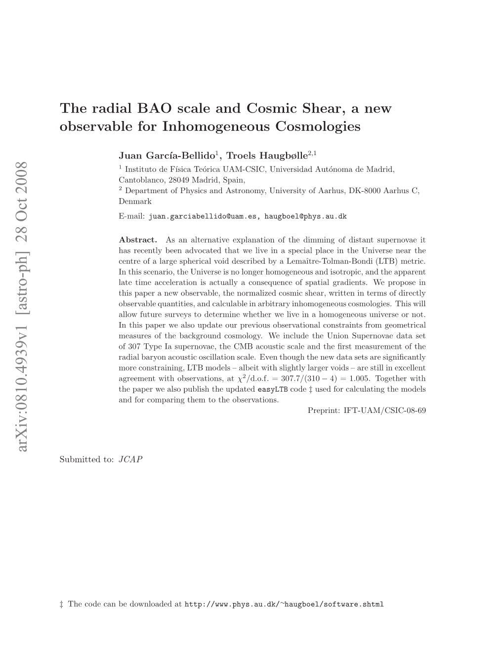 The Radial BAO Scale and Cosmic Shear, a New Observable for Inhomogeneous Cosmologies2