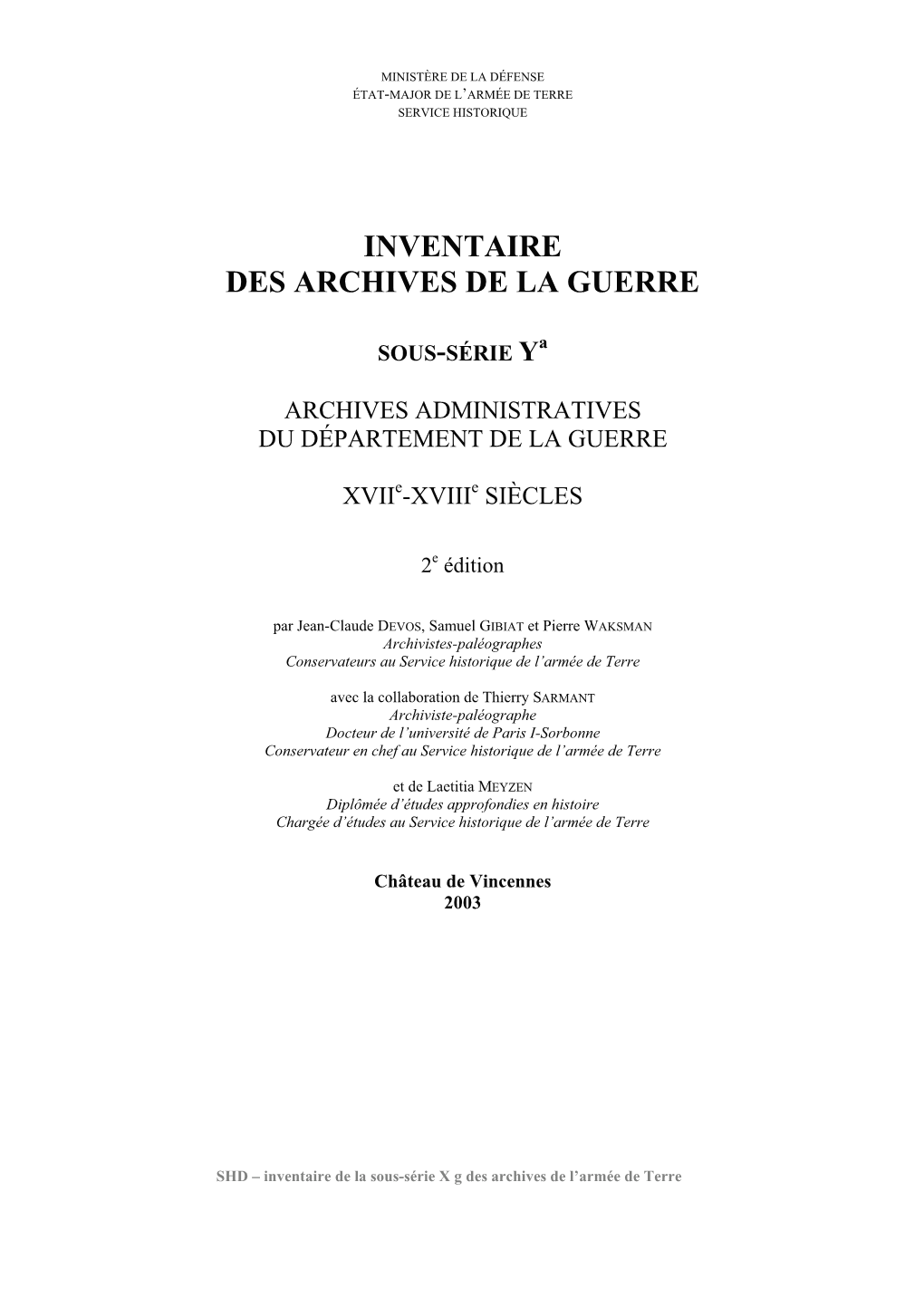 Inventaire Des Archives De La Guerre