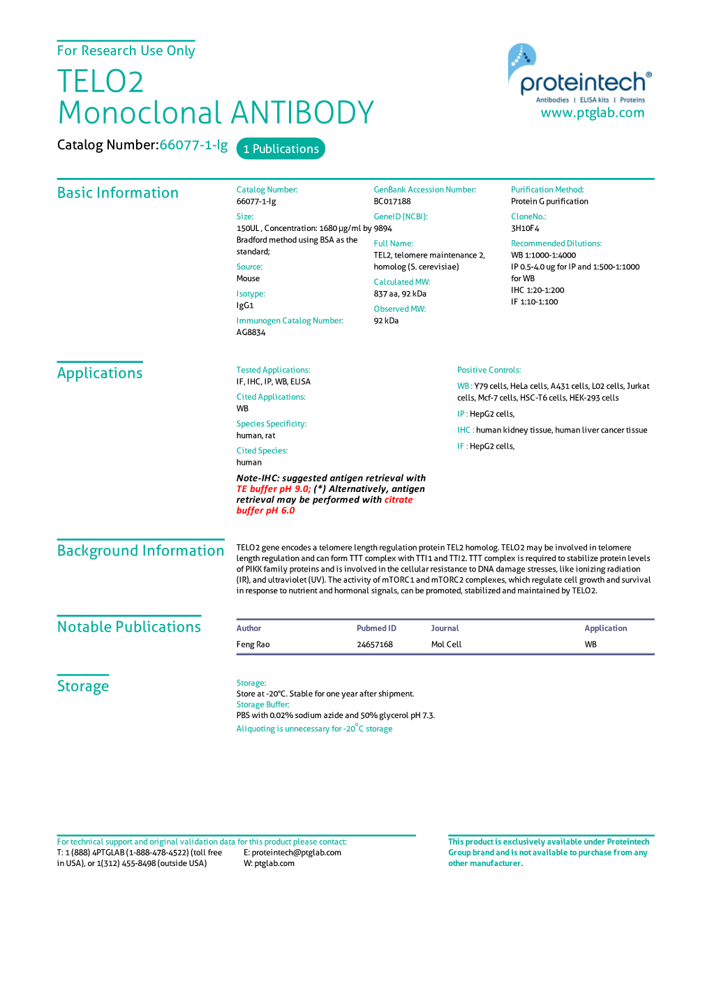 TELO2 Monoclonal ANTIBODY Catalog Number:66077-1-Ig 1 Publications