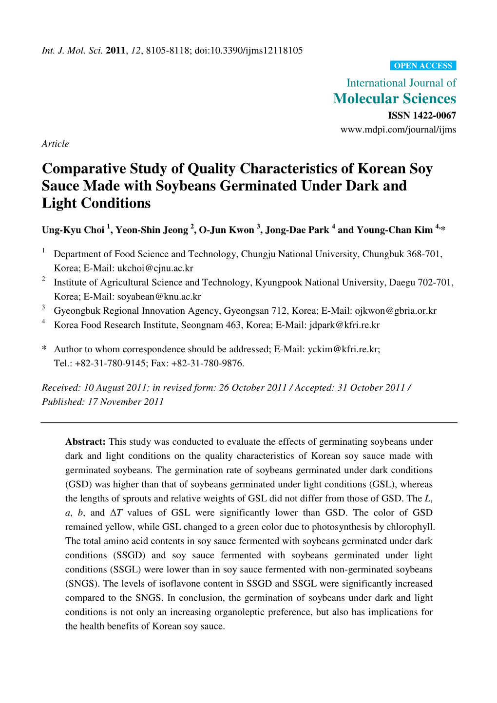 Comparative Study of Quality Characteristics of Korean Soy Sauce Made with Soybeans Germinated Under Dark and Light Conditions