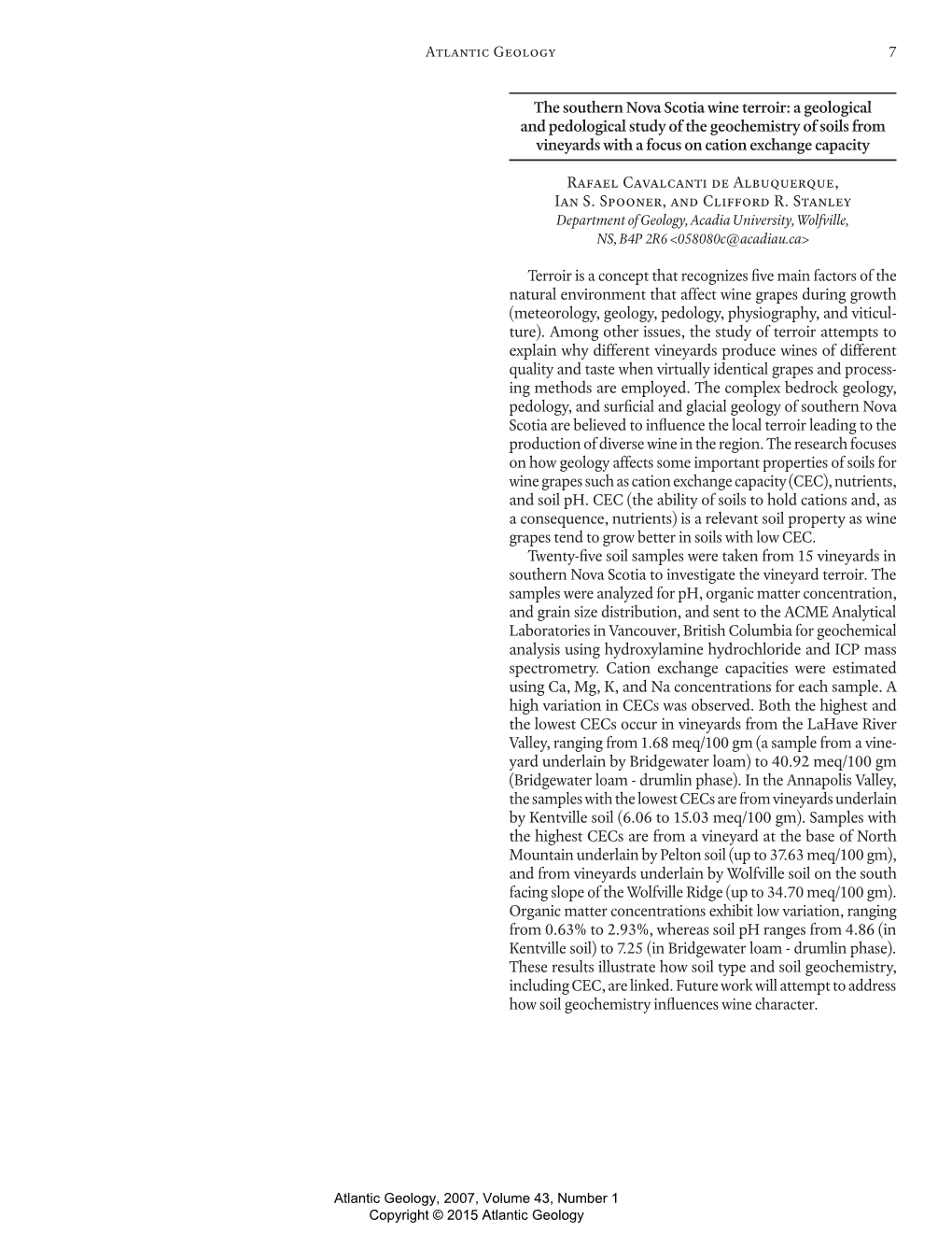 The Southern Nova Scotia Wine Terroir: a Geological and Pedological Study of the Geochemistry of Soils from Vineyards with a Focus on Cation Exchange Capacity