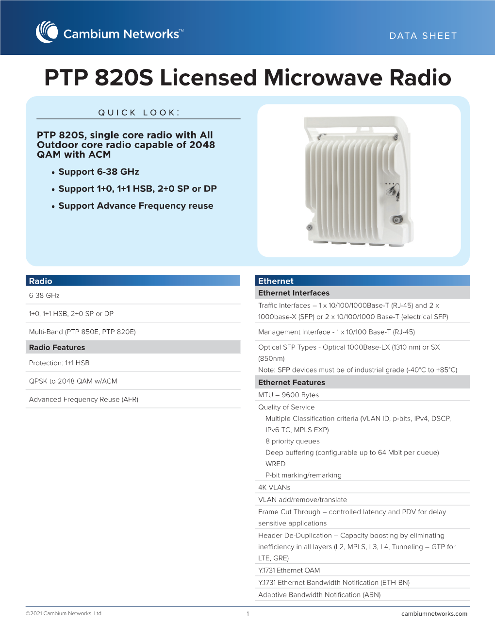 PTP 820S Licensed Microwave Radio
