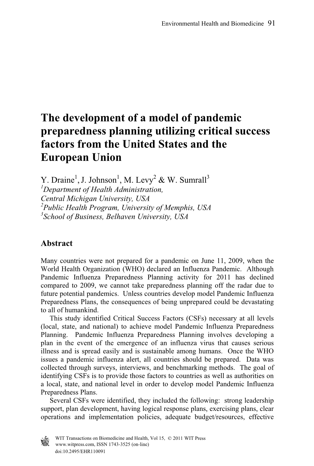 The Development of a Model of Pandemic Preparedness Planning Utilizing Critical Success Factors from the United States and the European Union