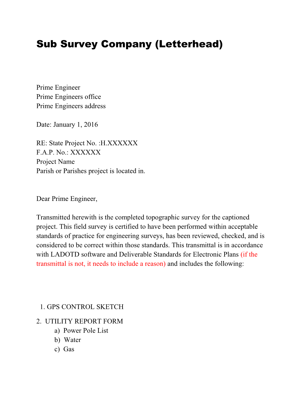 Sub Survey Company (Letterhead)