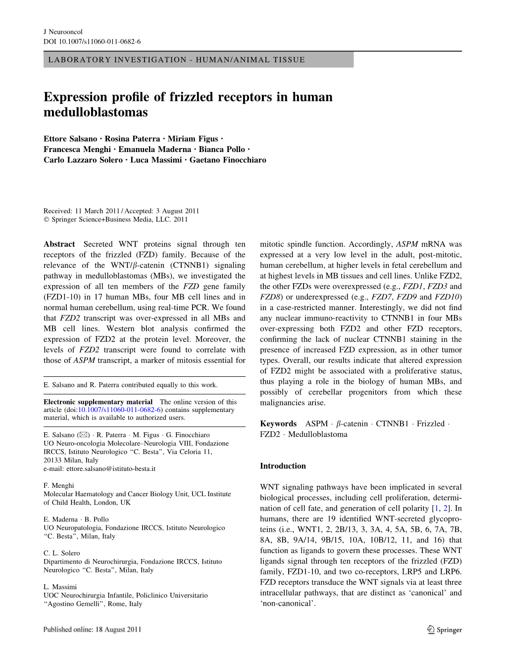 Expression Profile of Frizzled Receptors in Human Medulloblastomas