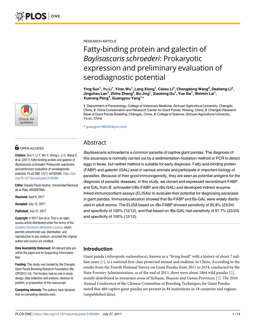 Fatty-Binding Protein and Galectin of Baylisascaris Schroederi: Prokaryotic Expression and Preliminary Evaluation of Serodiagnostic Potential