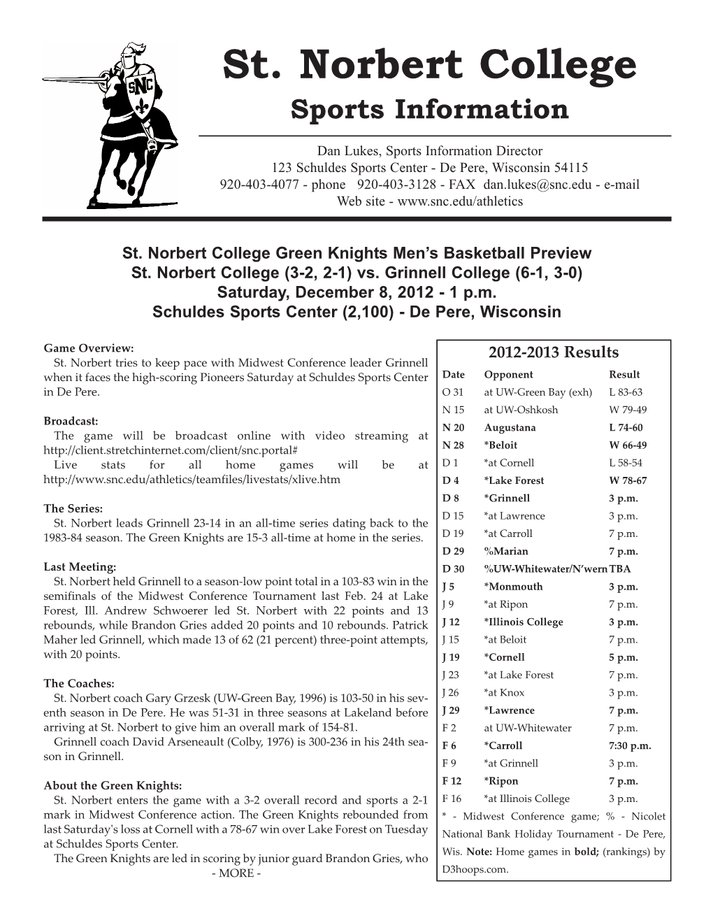 St. Norbert College Sports Information