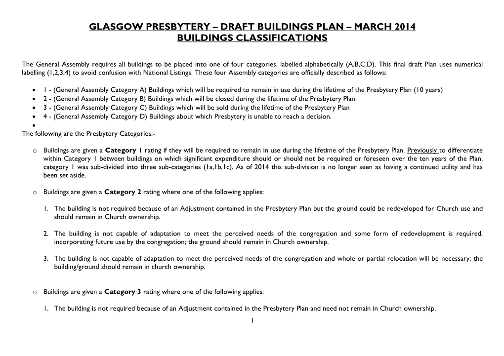 Glasgow Presbytery – Draft Buildings Plan – March 2014 Buildings Classifications