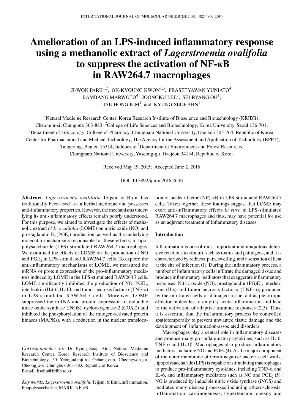 Amelioration of an LPS-Induced Inflammatory Response Using a Methanolic Extract of Lagerstroemia Ovalifolia to Suppress The