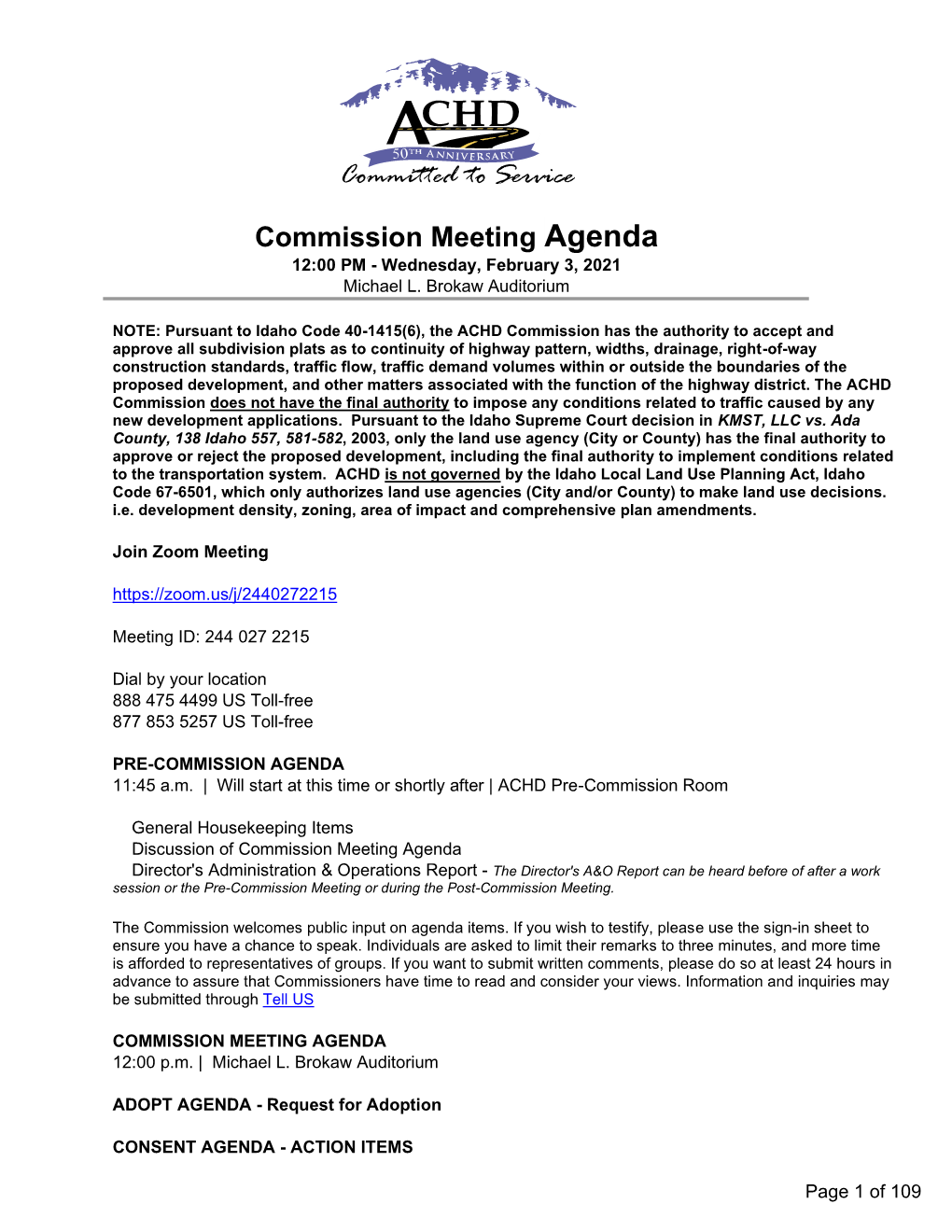 Commission Meeting Agenda 12:00 PM - Wednesday, February 3, 2021 Michael L