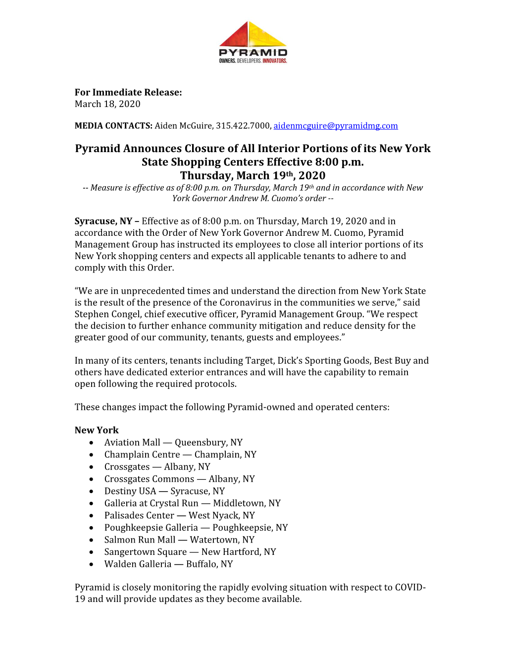 Pyramid Announces Closure of All Interior Portions of Its New York State Shopping Centers Effective 8:00 P.M