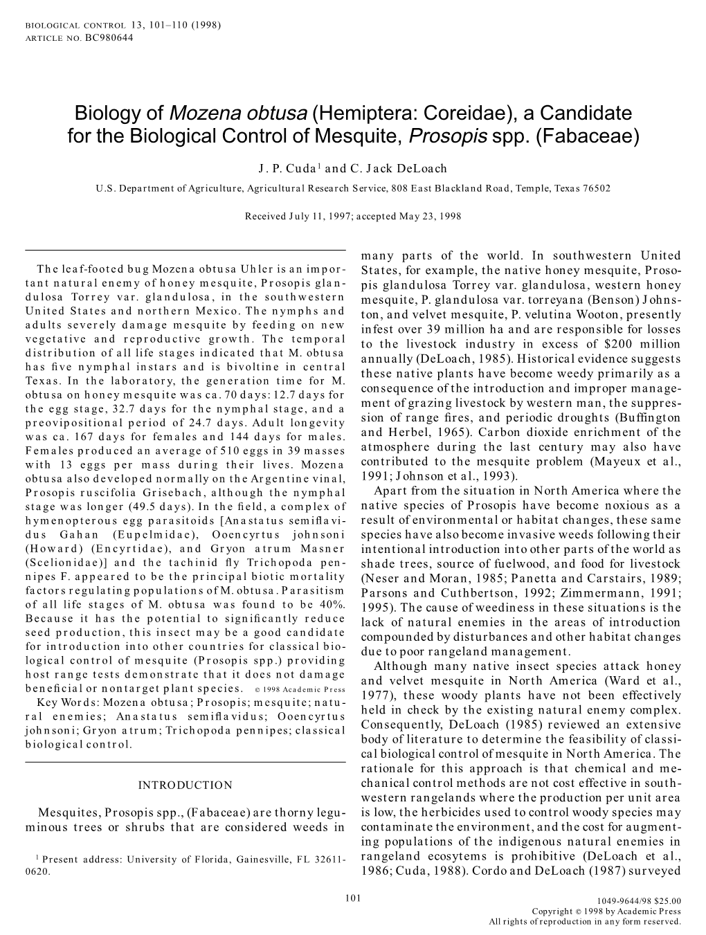 Biology of Mozena Obtusa (Hemiptera: Coreidae), a Candidate for the Biological Control of Mesquite, Prosopis Spp