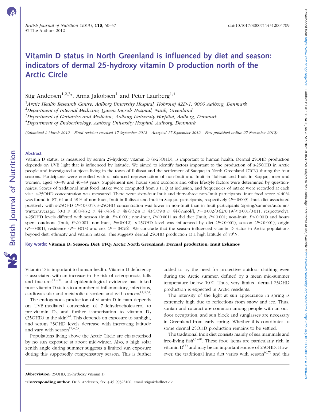 British Journal of Nutrition (2013), 110, 50–57 Doi:10.1017/S0007114512004709 Q the Authors 2012