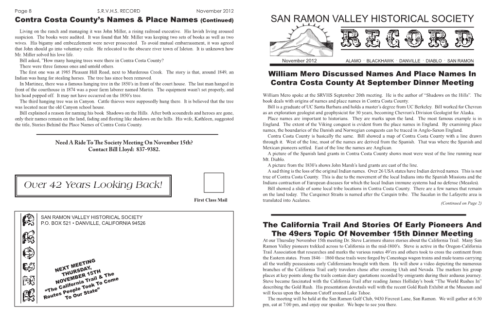 Over 42 Years Looking Back! SAN RAMON VALLEY HISTORICAL