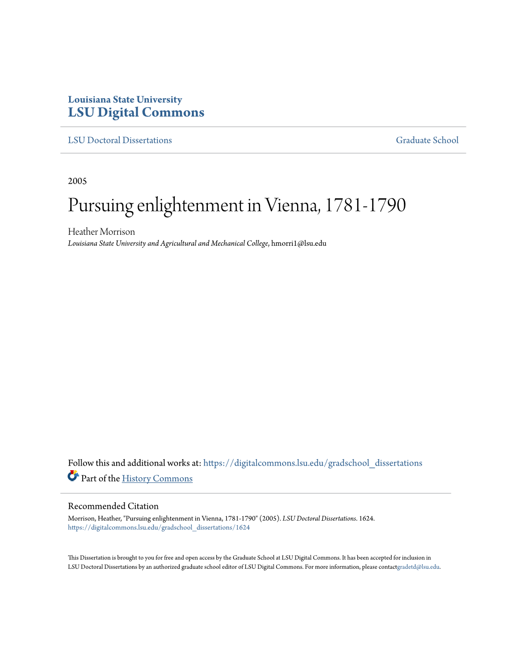 Pursuing Enlightenment in Vienna, 1781-1790 Heather Morrison Louisiana State University and Agricultural and Mechanical College, Hmorri1@Lsu.Edu