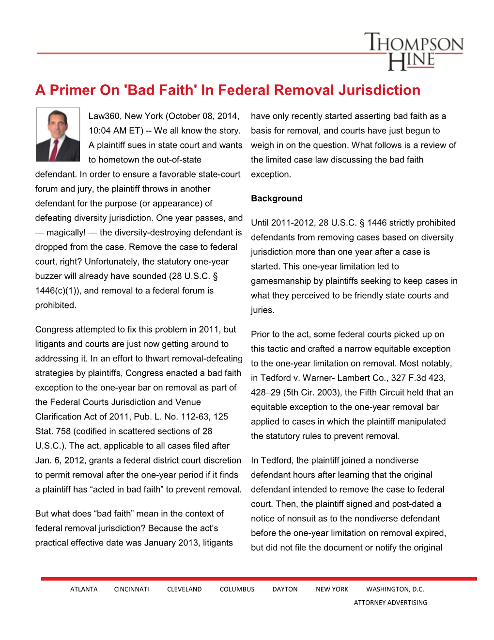 'Bad Faith' in Federal Removal Jurisdiction