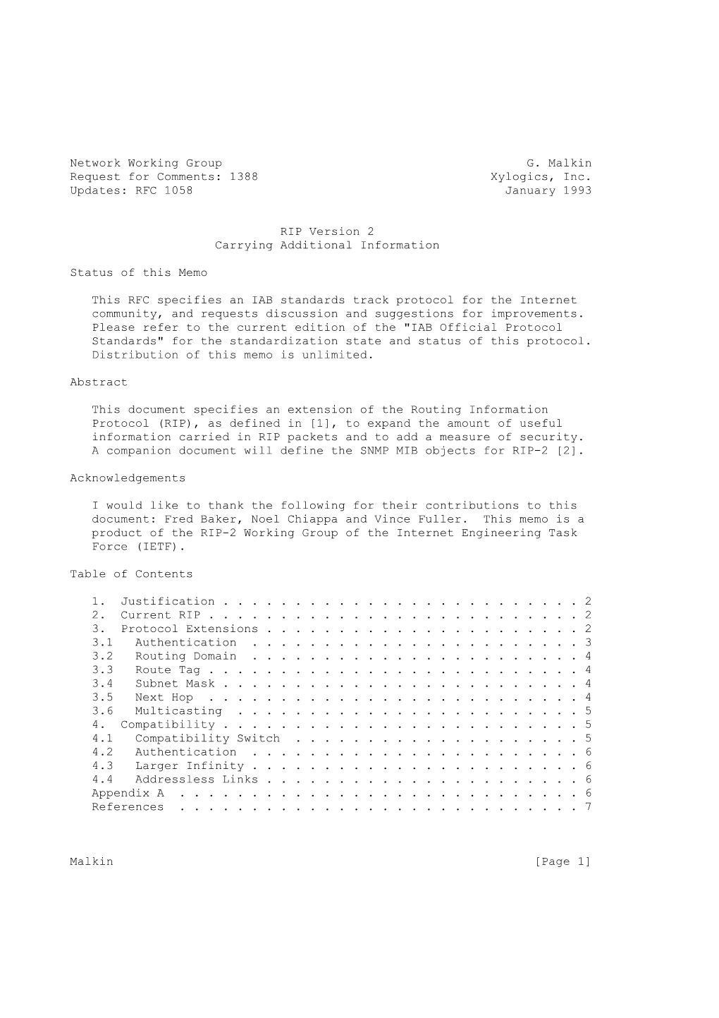 1388 Xylogics, Inc. Updates: RFC 1058 January 1993