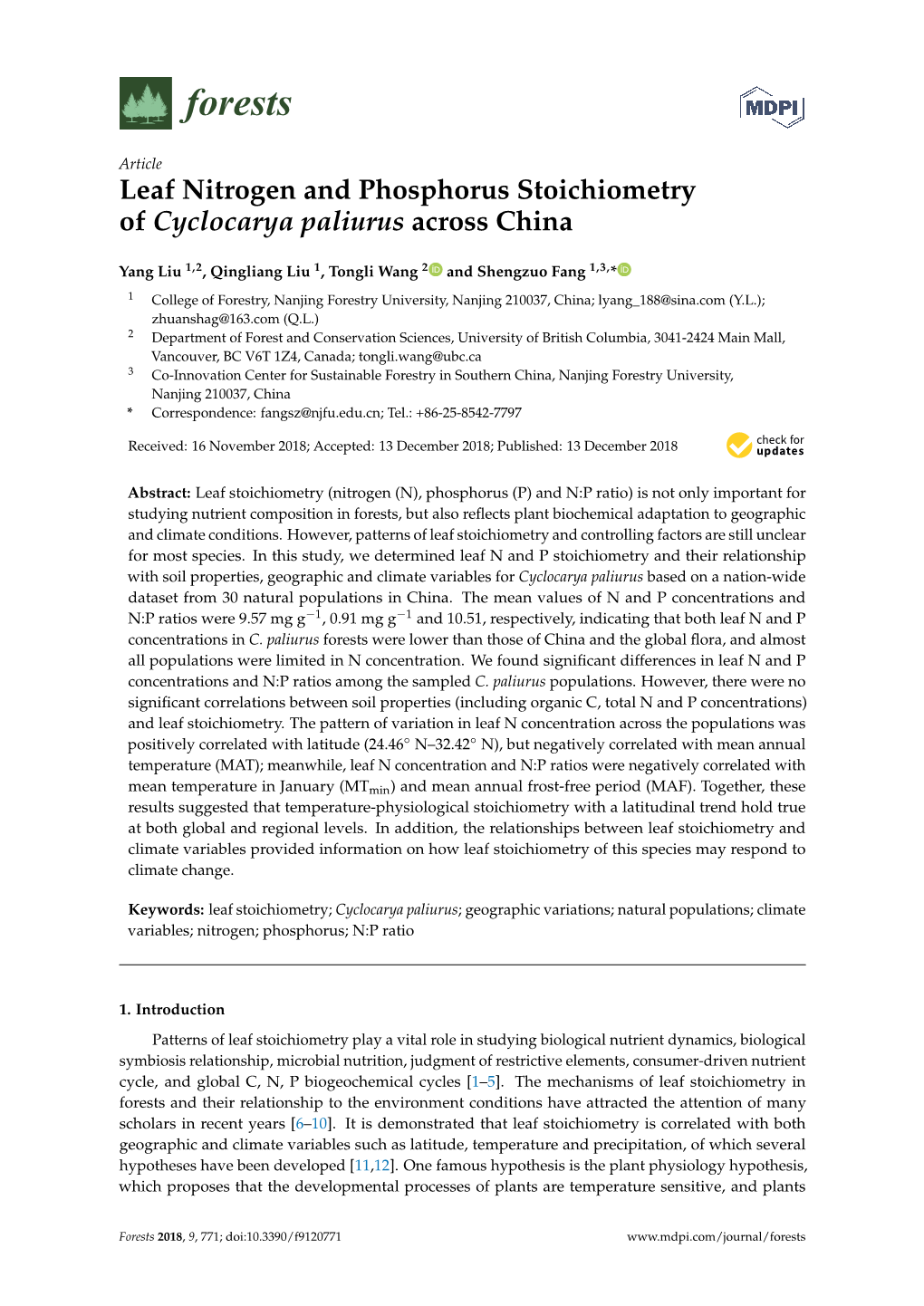 Leaf Nitrogen and Phosphorus Stoichiometry of Cyclocarya Paliurus Across China