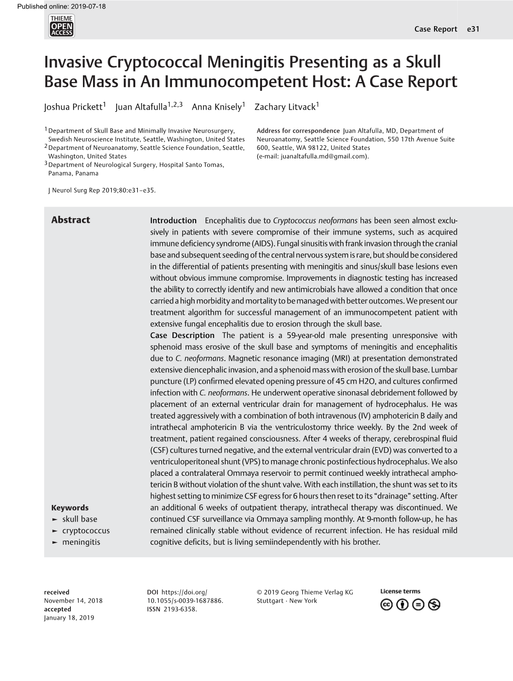 Invasive Cryptococcal Meningitis Presenting As a Skull Base Mass in an Immunocompetent Host: a Case Report