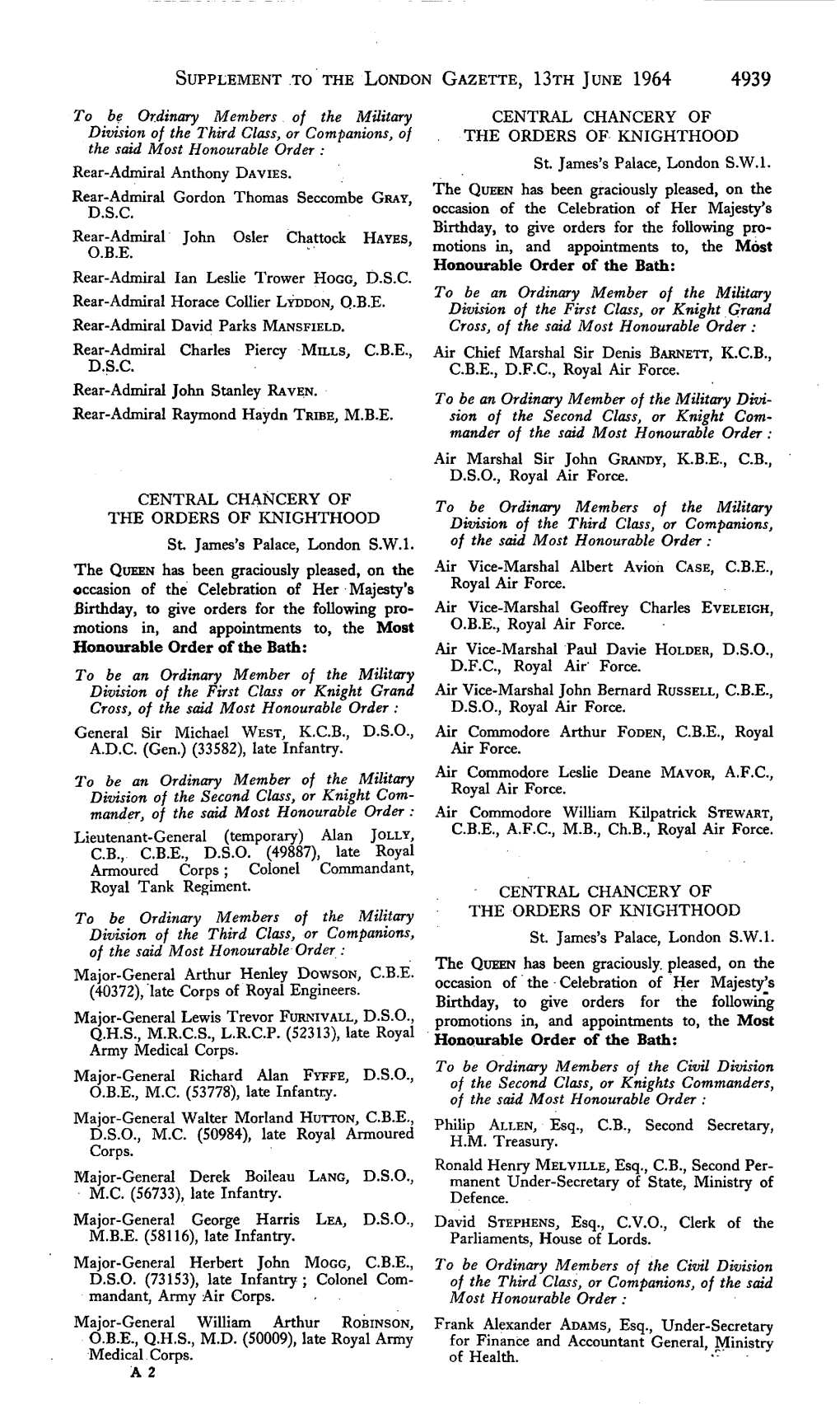 Supplement to the London Gazette, 13Th June 1964 4939