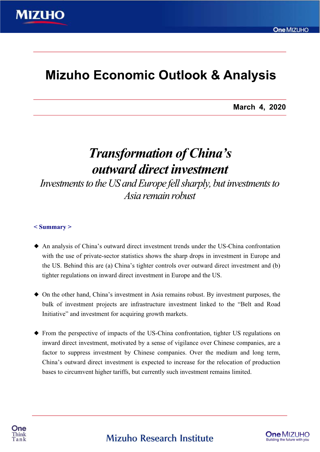 Transformation of China's Outward Direct Investment