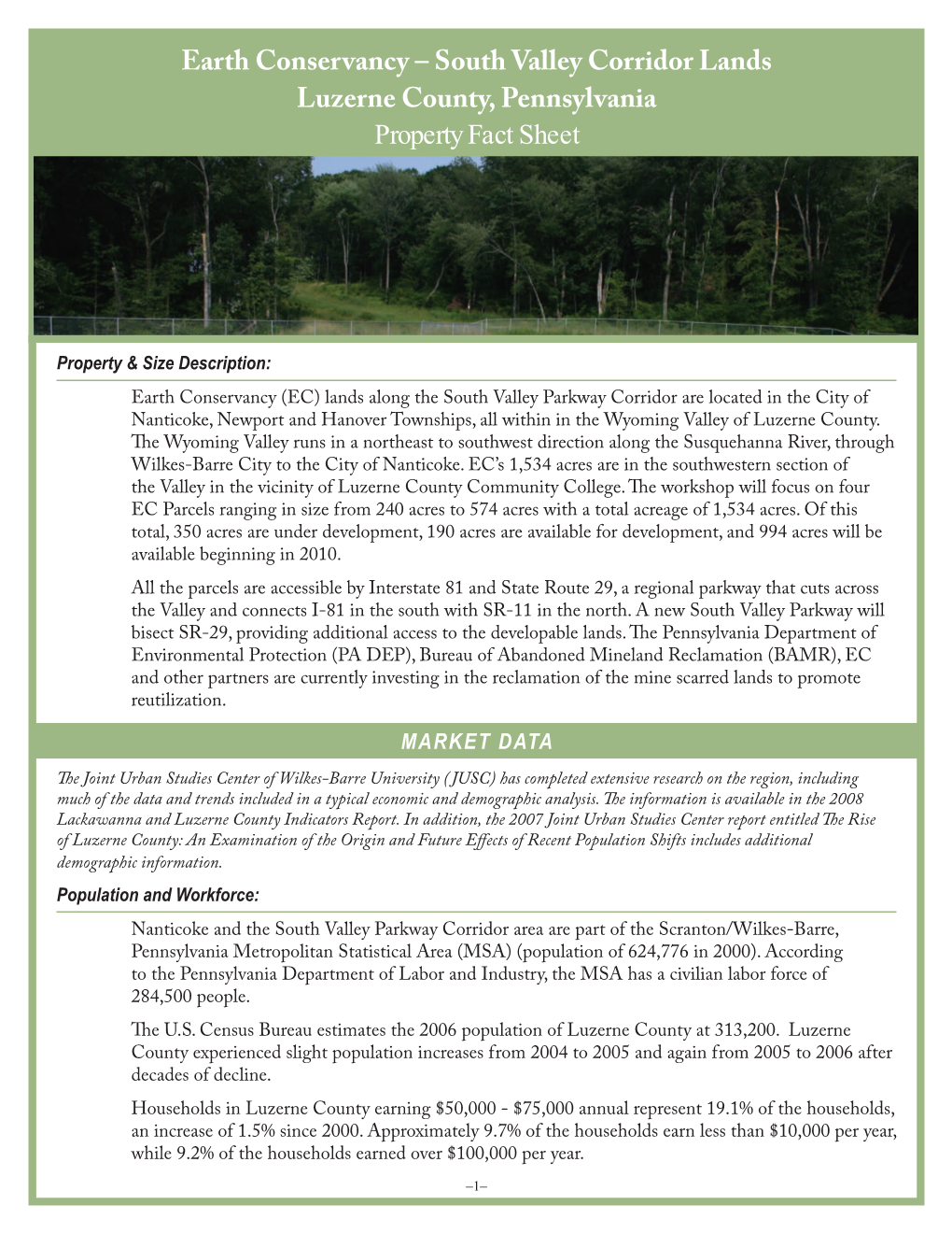 Earth Conservancy – South Valley Corridor Lands Luzerne County, Pennsylvania Property Fact Sheet