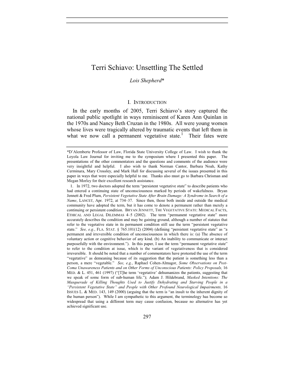 Terri Schiavo: Unsettling the Settled