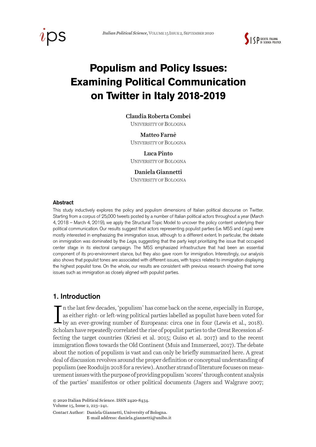 Populism and Policy Issues: Examining Political Communication on Twitter in Italy 2018-2019