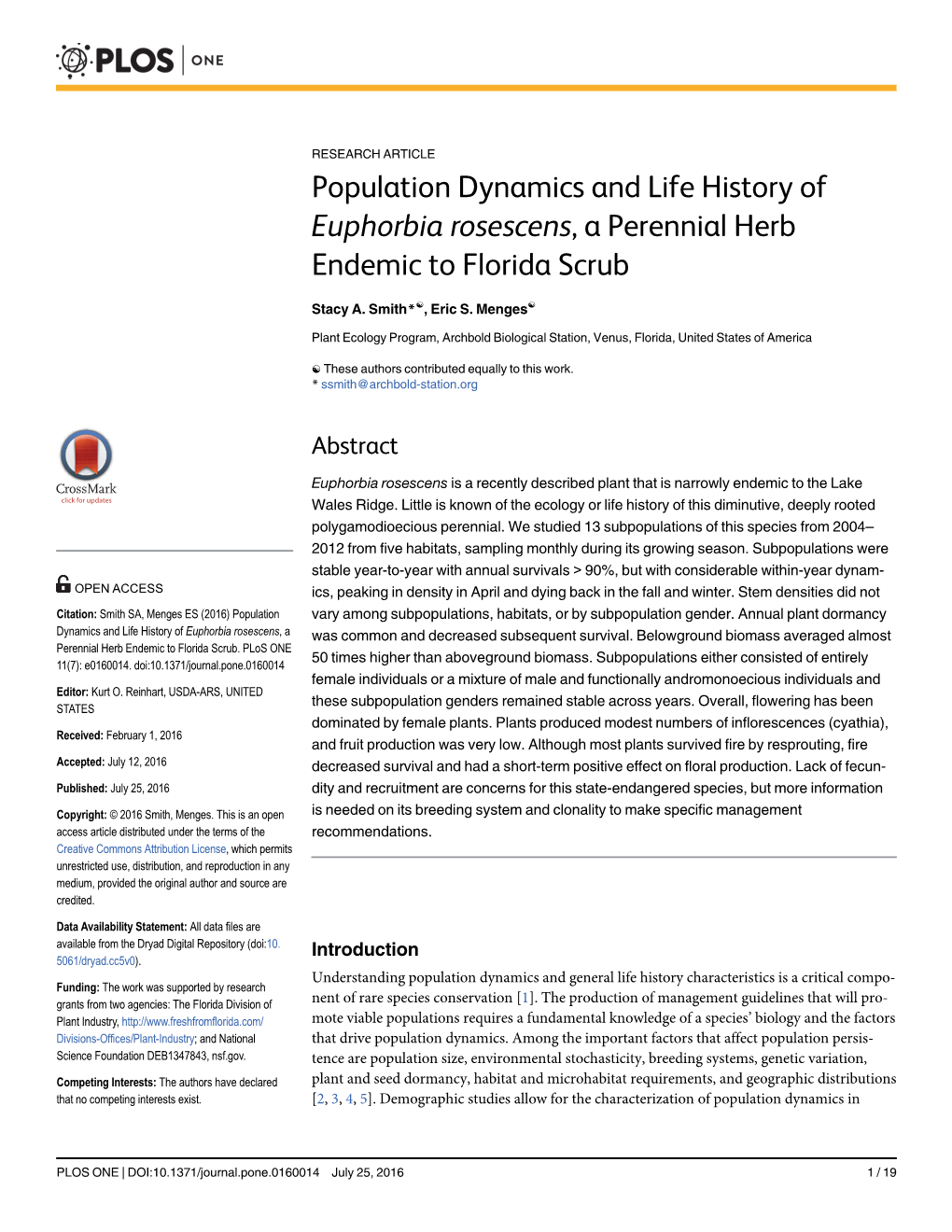 Population Dynamics and Life History of Euphorbia Rosescens, a Perennial Herb Endemic to Florida Scrub