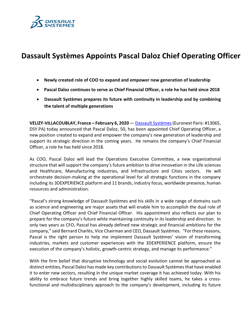 Dassault Systèmes Appoints Pascal Daloz Chief Operating Officer