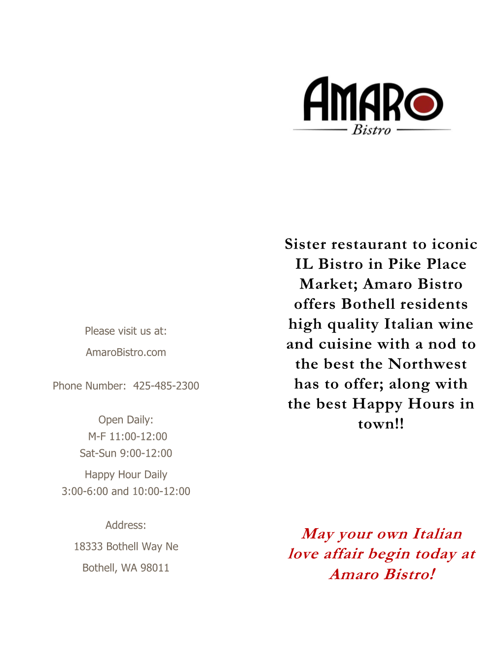 May Your Own Italian Love Affair Begin Today at Amaro Bistro!